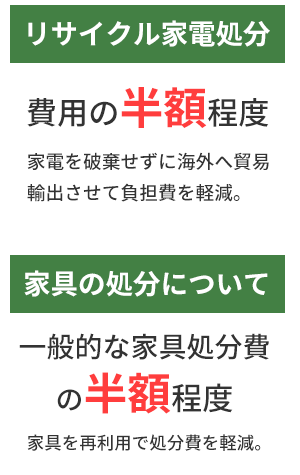 リサイクル家電処分 費用の半額程度 家電を破棄せずに海外へ貿易輸出させて負担費を軽減。 家具の処分について一般的な家具処分費の半額程度家具を再利用で処分費を軽減。